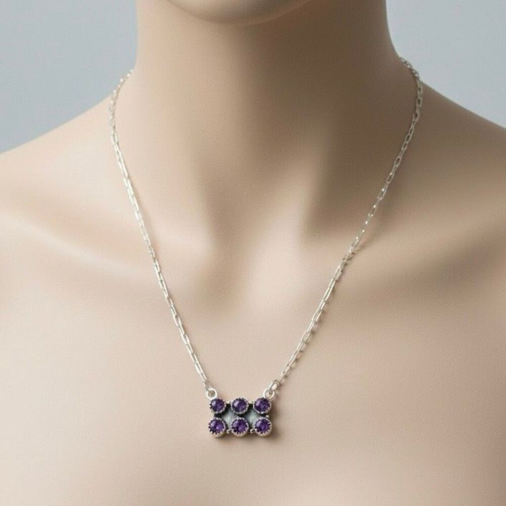 Dainty Amethyst Gemstone Bar Paperclip Necklace in Sterling Silver Adjustable
